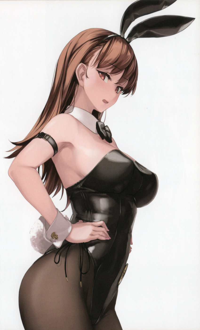 1girl absurdres animal_ears artist_name black_leotard black_pantyhose blush bow bowtie breasts brown_eyes brown_hair cleavage comiket_100 cowboy_shot dated detached_collar fake_animal_ears fake_tail gradient_background hair_between_eyes highres kantai_collection leotard long_hair non-web_source ooi_(kancolle) open_mouth pantyhose playboy_bunny rabbit_ears rabbit_tail rokuwata_tomoe scan solo strapless strapless_leotard tail traditional_bowtie wrist_cuffs