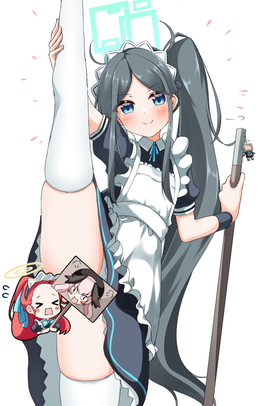 2girls absurdly_long_hair apron aqua_ribbon aris_(blue_archive) aris_(maid)_(blue_archive) black_dress black_hair black_wristband blue_archive blue_eyes censored dress frilled_apron frills halo highres holding holding_mop long_hair looking_at_viewer maid maid_apron maid_headdress mop multiple_girls novelty_censor official_alternate_costume panties pia_(botamochinjufu) puffy_short_sleeves puffy_sleeves red_hair ribbon short_sleeves split standing standing_on_one_leg standing_split thighhighs underwear very_long_hair white_apron white_panties white_thighhighs yellow_halo yuzu_(blue_archive) yuzu_(maid)_(blue_archive)
