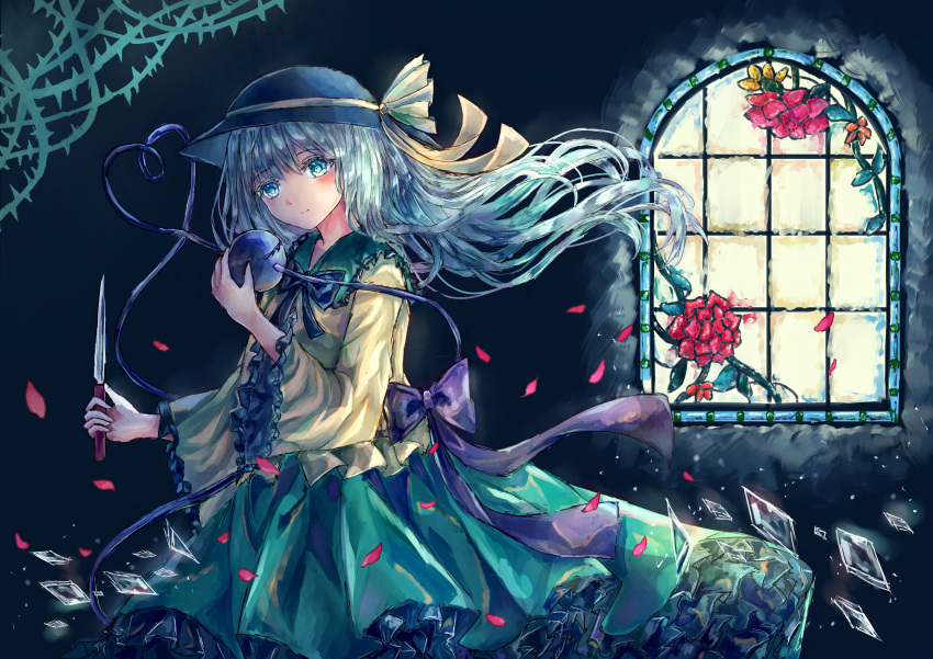 1girl absurdres black_headwear blouse bow eyeball flower frilled_shirt_collar frilled_sleeves frills green_eyes green_skirt grey_hair hat hat_bow hat_ribbon heart heart_of_string highres holding holding_knife holding_weapon knife komeiji_koishi long_hair petals red_flower red_rose ribbon rose shirt skirt solo suzushina third_eye touhou weapon wide_sleeves window yellow_bow yellow_ribbon yellow_shirt