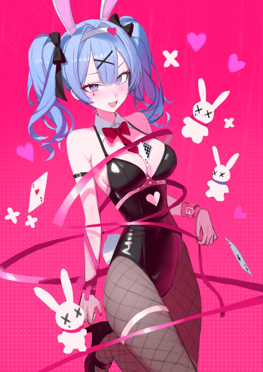 1girl absurdres ace_(playing_card) ace_of_hearts ace_of_spades animal_ears bare_arms bare_shoulders black_leotard blue_eyes blue_hair blush bound bow bowtie breasts card clothing_cutout cutout_above_navel detached_collar fake_animal_ears fake_tail fishnet_pantyhose fishnets hair_ornament hairband hatsune_miku heart heart_cutout heart_hair_ornament highres large_breasts leotard looking_at_viewer necktie pantyhose pink_background pink_bow pink_bowtie pink_necktie pink_pupils playing_card rabbit_ears rabbit_hole_(vocaloid) rabbit_tail ribbon simsimhea spade_(shape) spaghetti_strap tail tied_up_(nonsexual) vocaloid white_hairband x_hair_ornament