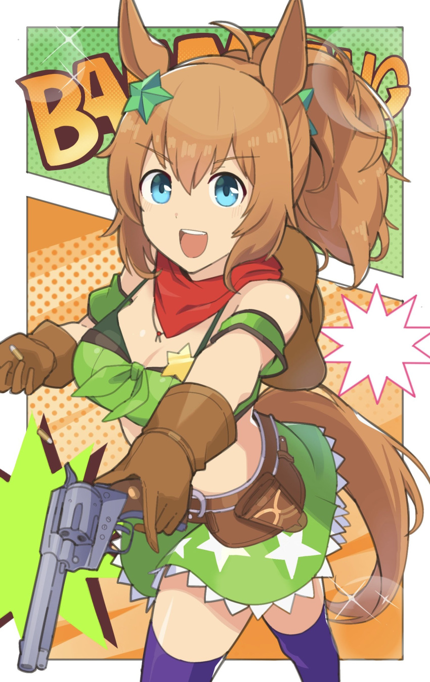 1girl animal_ears armband bandeau bare_shoulders blue_eyes breasts brown_gloves brown_hair bullet character_name cleavage collarbone colt_single_action_army commentary_request cowboy_hat cowboy_shot gloves green_armband green_background green_bandeau gun hair_between_eyes hair_ornament hand_up hat hat_on_back highres holding holding_bullet holding_gun holding_weapon holster horse_ears horse_girl long_hair looking_at_viewer medium_breasts midriff navel nazono77 open_mouth ponytail purple_thighhighs red_scarf revolver scarf sheriff_badge sidelocks skirt smile solo sound_effects standing star_(symbol) star_hair_ornament taiki_shuttle_(umamusume) teeth thighhighs umamusume upper_teeth_only weapon