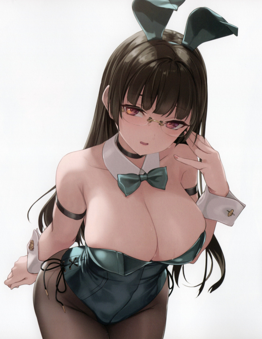 1girl absurdres alternate_costume animal_ears aqua_leotard bare_shoulders black_hair black_pantyhose blush bow bowtie breasts brown_hair choker cleavage collarbone comiket_102 cowboy_shot detached_collar fake_animal_ears glasses highres kantai_collection large_breasts leotard long_hair looking_at_viewer non-web_source open_mouth pantyhose playboy_bunny rabbit_ears red_eyes rimless_eyewear rokuwata_tomoe scan simple_background solo strapless strapless_leotard sweat traditional_bowtie white_background wrist_cuffs