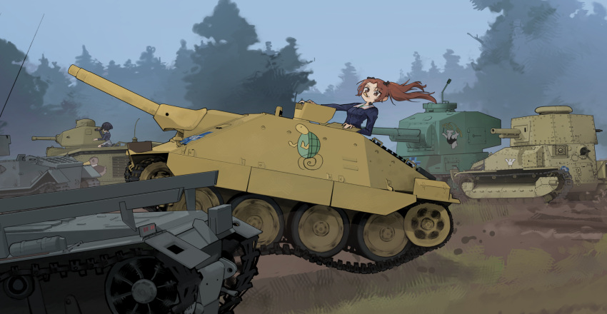 anteater brown_eyes brown_hair char_b1 chips_(food) commentary day dongdong_(0206qwerty) emblem food food_in_mouth forest girls_und_panzer highres looking_at_viewer military_vehicle motor_vehicle nature ooarai_(emblem) ooarai_military_uniform outdoors potato_chips sitting sono_midoriko sturmgeschutz_iii tank throat_microphone tiger_(p) turtle twintails type_3_chi-nu type_89_i-gou wind