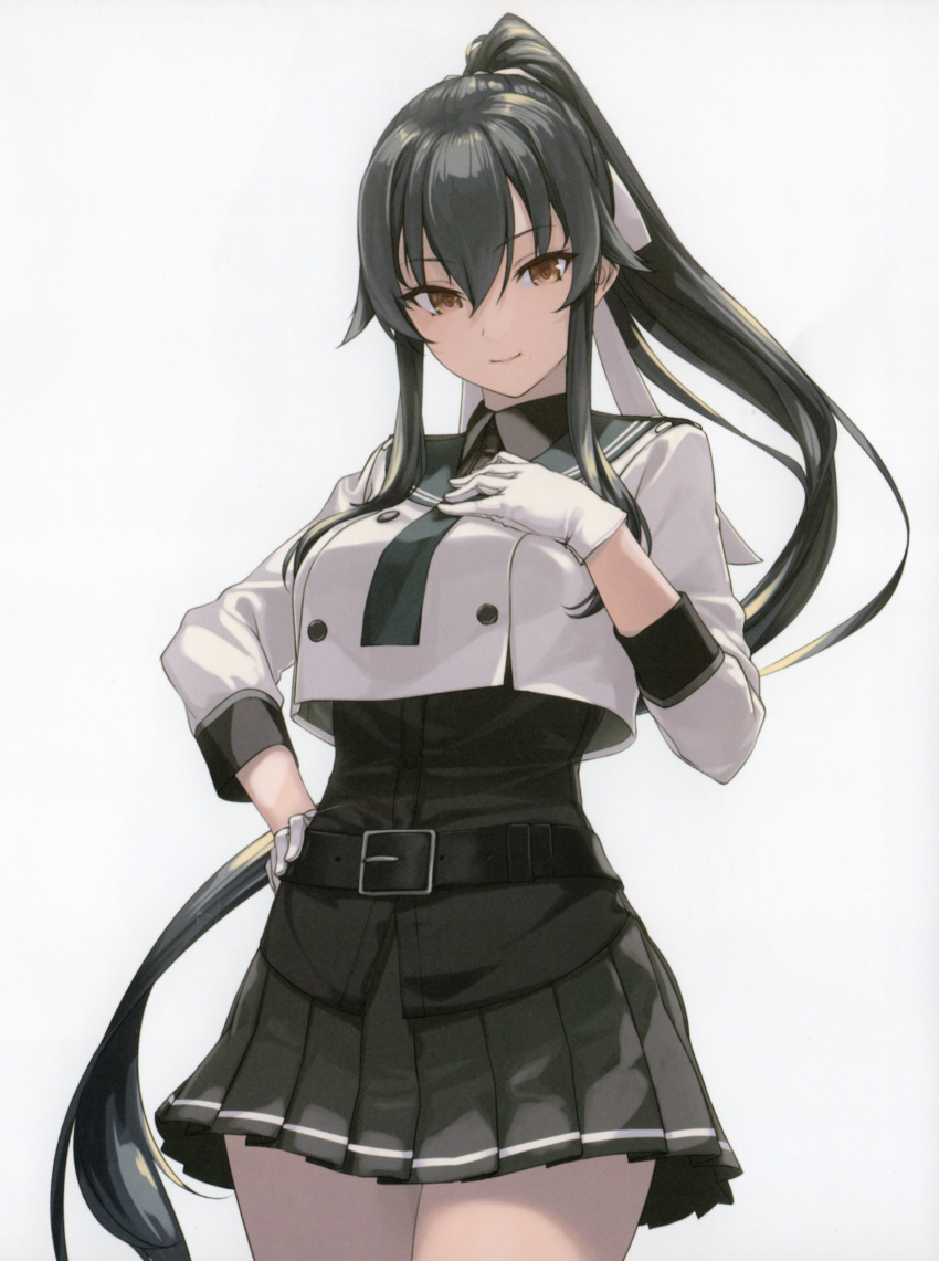 1girl absurdres belt belt_buckle black_belt black_hair black_sailor_collar black_shirt black_skirt breasts brown_eyes buckle buttons closed_mouth collared_shirt comiket_100 cowboy_shot gloves grey_skirt hair_between_eyes hand_on_own_hip highres kantai_collection long_hair long_sleeves necktie non-web_source pleated_skirt ponytail rokuwata_tomoe sailor_collar scan school_uniform serafuku shirt sidelocks simple_background skirt smile solo very_long_hair white_background white_gloves yahagi_(kancolle)