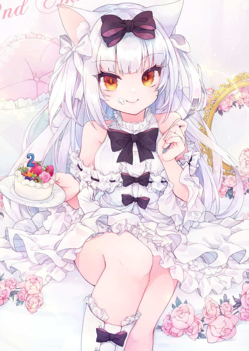 1girl absurdres animal_ear_fluff animal_ears azur_lane bare_shoulders black_bow bow cake cat_ears cat_girl closed_mouth dress dress_bow flower food food_on_face fork frilled_dress frills hair_bow highres holding holding_fork holding_plate long_hair looking_at_viewer official_alternate_costume pillow pink_flower pink_rose plate rose shichijou_natori smile solo white_dress white_hair yellow_eyes yukikaze_(azur_lane) yukikaze_(sovereign_of_the_swing)_(azur_lane)