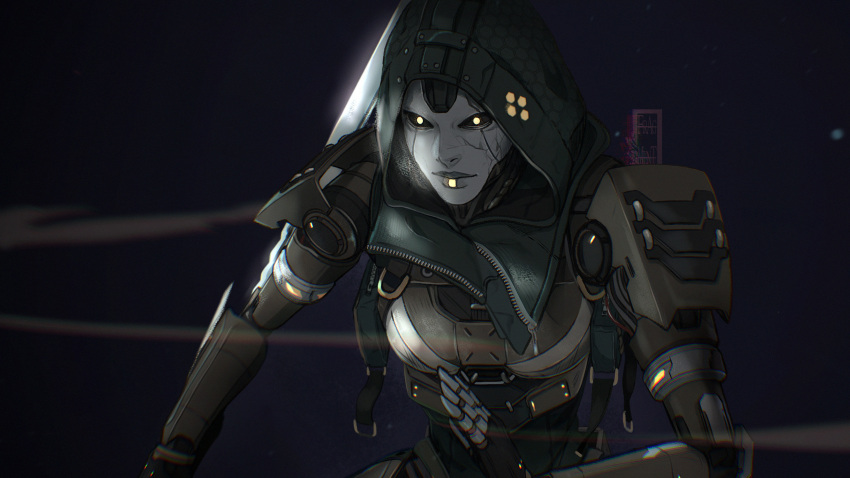 1girl android apex_legends arm_blade ash_(titanfall_2) black_background breasts cracked_skin english_commentary glowing glowing_eyes highres hood hood_up ifragmentix looking_ahead medium_breasts metal_skin simulacrum_(titanfall) smile solo weapon white_eyes