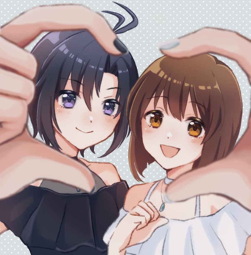 2girls absurdres ahoge antenna_hair black_dress black_hair black_nails blue_gemstone blush brown_eyes brown_hair clenched_hand closed_mouth collarbone commentary_request dot_nose dress gem grey_background hagiwara_yukiho hands_up heart heart_hands heart_hands_duo highres idol idol_clothes idolmaster idolmaster_(classic) jewelry kikuchi_makoto long_bangs looking_at_viewer matching_outfits medium_bangs multiple_girls nail_polish necklace off-shoulder_dress off_shoulder official_alternate_costume open_mouth parted_bangs pendant polka_dot polka_dot_background purple_eyes reverse_palettes shirako_(srk_srtk) short_hair smile straight_hair swept_bangs white_dress white_nails