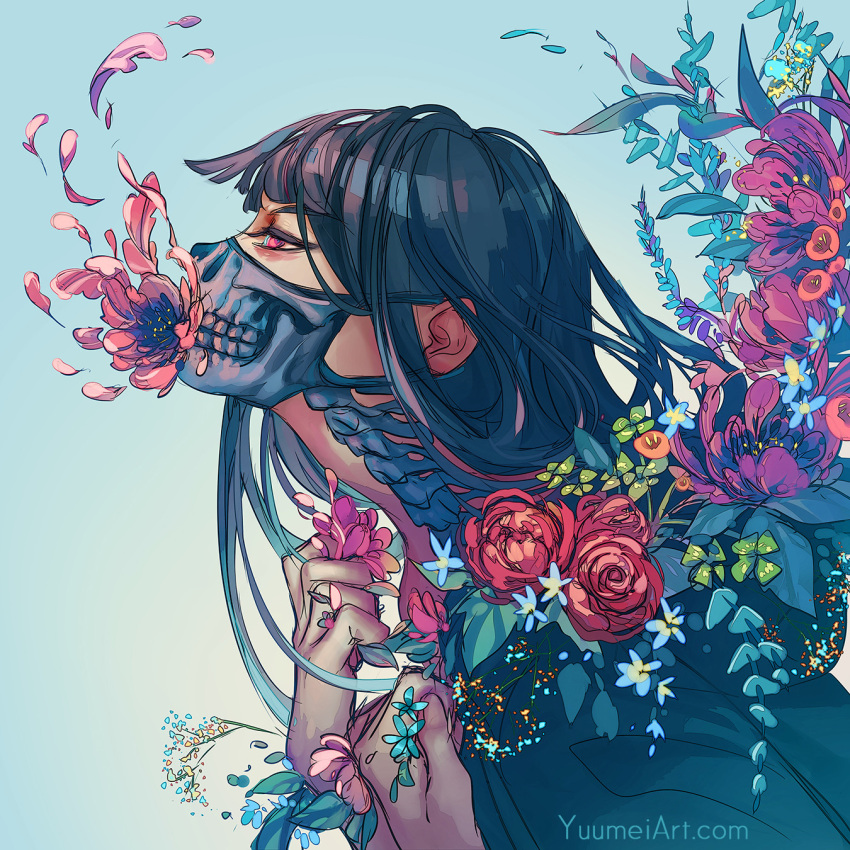 1girl artist_name black_hair blue_background blue_flower clenched_hand clover commentary covered_mouth english_commentary eyelashes flower flower_in_mouth flower_request four-leaf_clover from_side half-closed_eyes hands_on_own_chest highres long_hair mask mouth_mask original petals pink_eyes pink_flower purple_flower red_flower red_rose rose simple_background skeleton_print solo spine upper_body vignetting white_mask yuumei