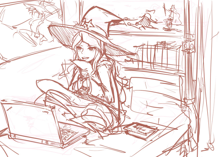 computer diana_cavendish hat laptop little_witch_academia on_bed panties_(pantsu-pirate) sitting sketch solo witch witch_hat