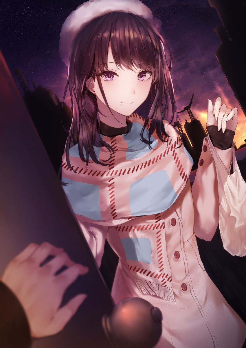 1girl absurdres bag bangs black_hair blue_eyes blurry blush breasts building coat depth_of_field dutch_angle hat highres holding holding_bag hplay idolmaster idolmaster_shiny_colors jewelry kazano_hiori long_hair long_sleeves looking_at_viewer mole mole_under_mouth opening_door pink_coat pink_scarf ponytail pov pov_hands purple_sky ring scarf sidelocks smile solo sunset sweater turtleneck turtleneck_sweater wedding_band white_hat
