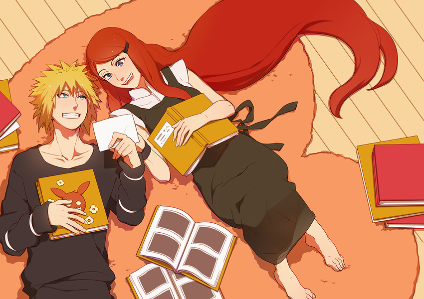 1girl barefoot blonde_hair blue_eyes couple from_above green_eyes hetero i_(kaiyou) long_hair lying namikaze_minato naruto naruto_(series) naruto_shippuuden photo_(object) photo_album red_hair short_hair smile spiked_hair uzumaki_kushina very_long_hair