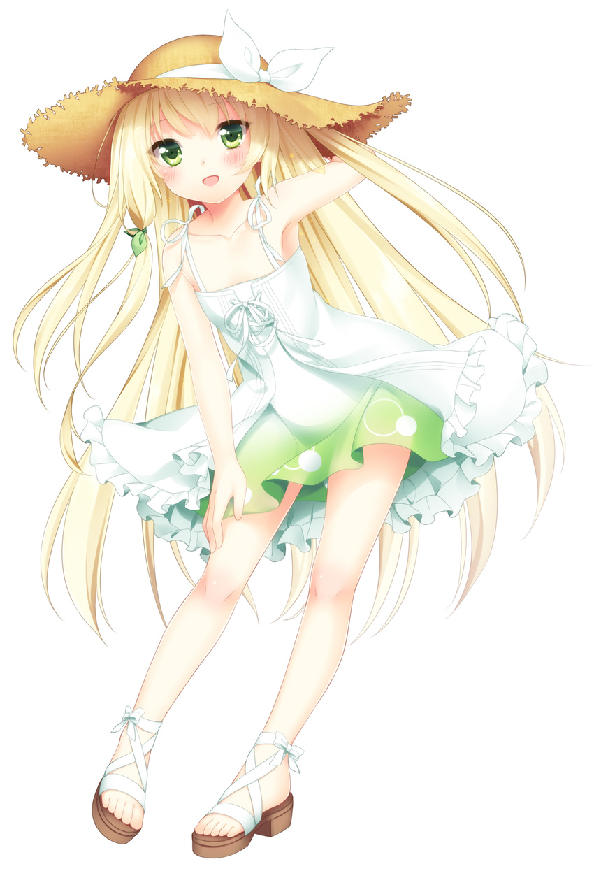 :d absurdres ankle_lace-up arm_up bad_id bad_pixiv_id bare_legs blonde_hair blush borrowed_character collarbone cross-laced_footwear dress etou_(cherry7) flat_chest green_eyes hair_ribbon hand_on_headwear hand_on_thigh hat hat_ribbon highres long_hair looking_at_viewer open_mouth original personification ribbon sandals slim_legs smile solo sun_hat sundress tachibana_honori tattoo