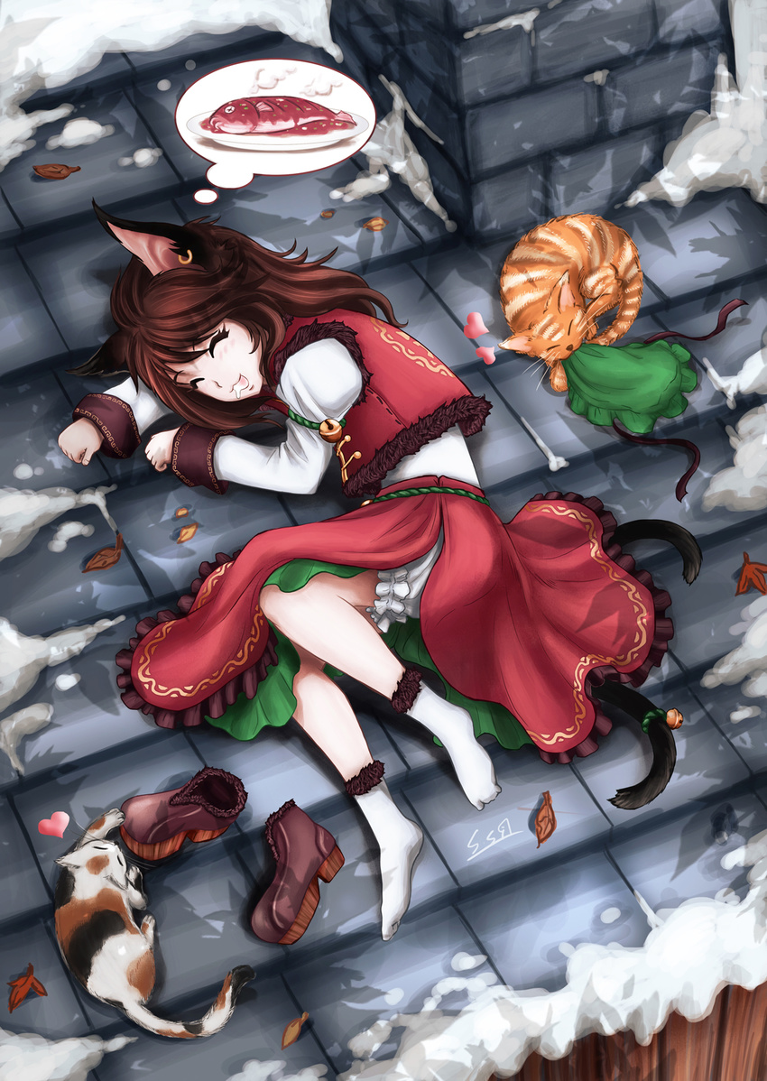 alternate_costume alternate_hairstyle bell cat chen dreaming fish hat hat_removed headwear_removed highres long_hair lying rooftop saliva skyspace sleeping snow solo touhou
