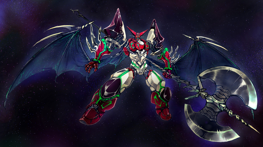 armor axe fighting_stance full_body getter_robo highres holding holding_weapon huge_weapon machinery mecha no_humans space spikes touge_(kubiwa_tsuki) weapon wings yellow_eyes