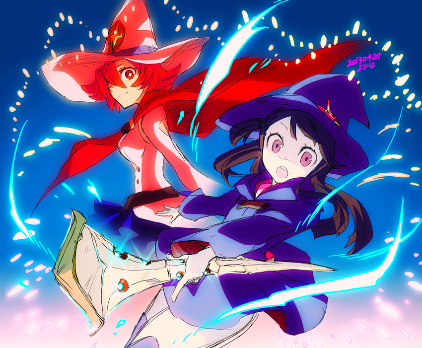 brown_hair cape dated dress fireworks hat kagari_atsuko little_witch_academia looking_at_viewer multiple_girls open_mouth pink_eyes red_eyes red_hair shiny_chariot shiny_rod signature smile staff witch witch_hat yoisho_(hami)
