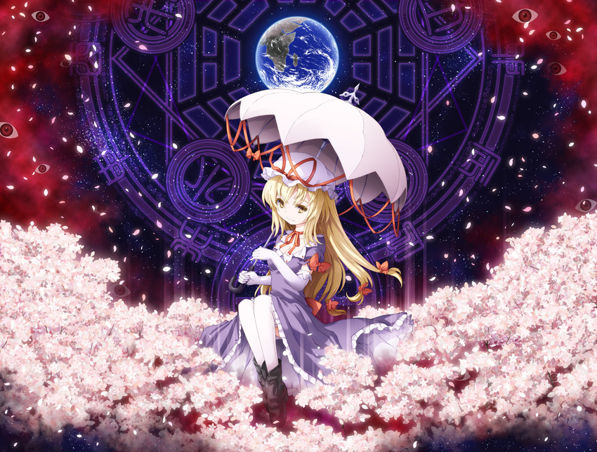 ba_gua blonde_hair boots bow breasts cherry_blossoms cleavage dress earth elbow_gloves eyeball floating gloves hair_bow hat hat_ribbon highres knees_up latin light_trail long_hair looking_at_viewer magic_circle medium_breasts mob_cap paji parasol ribbon runes smile solo space thighhighs touhou trigram umbrella very_long_hair white_gloves yakumo_yukari yellow_eyes