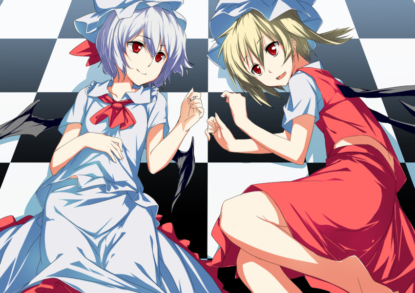 bat_wings blonde_hair flandre_scarlet hat hat_ribbon lavender_hair lying multiple_girls pino_(birthdayparty) red_eyes remilia_scarlet ribbon touhou wings