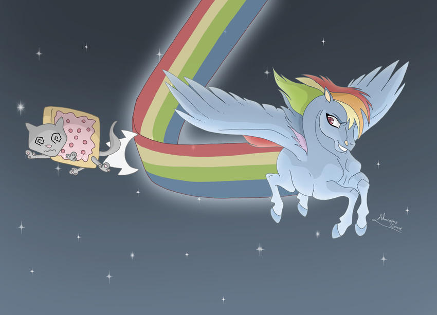 ambiguous_gender cat crossover deviantart duo equine feline female feral flying friendship_is_magic hair horse mammal multi-colored_hair my_little_pony nyan_cat pegasus pony poptart purple_eyes rainbow_dash_(mlp) rainbow_hair signature skyqeen stars wings