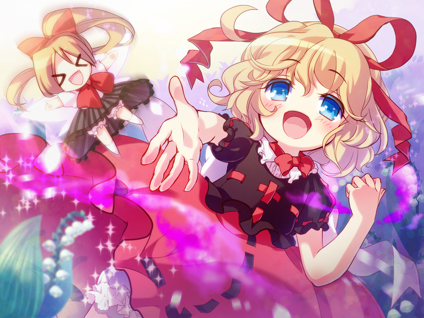 &gt;_&lt; amo blonde_hair bloomers blue_eyes blush bow closed_eyes dress flower hair_bow hair_ribbon hat highres lily_of_the_valley medicine_melancholy outstretched_arm outstretched_arms ribbon short_hair smile solo su-san touhou underwear wings