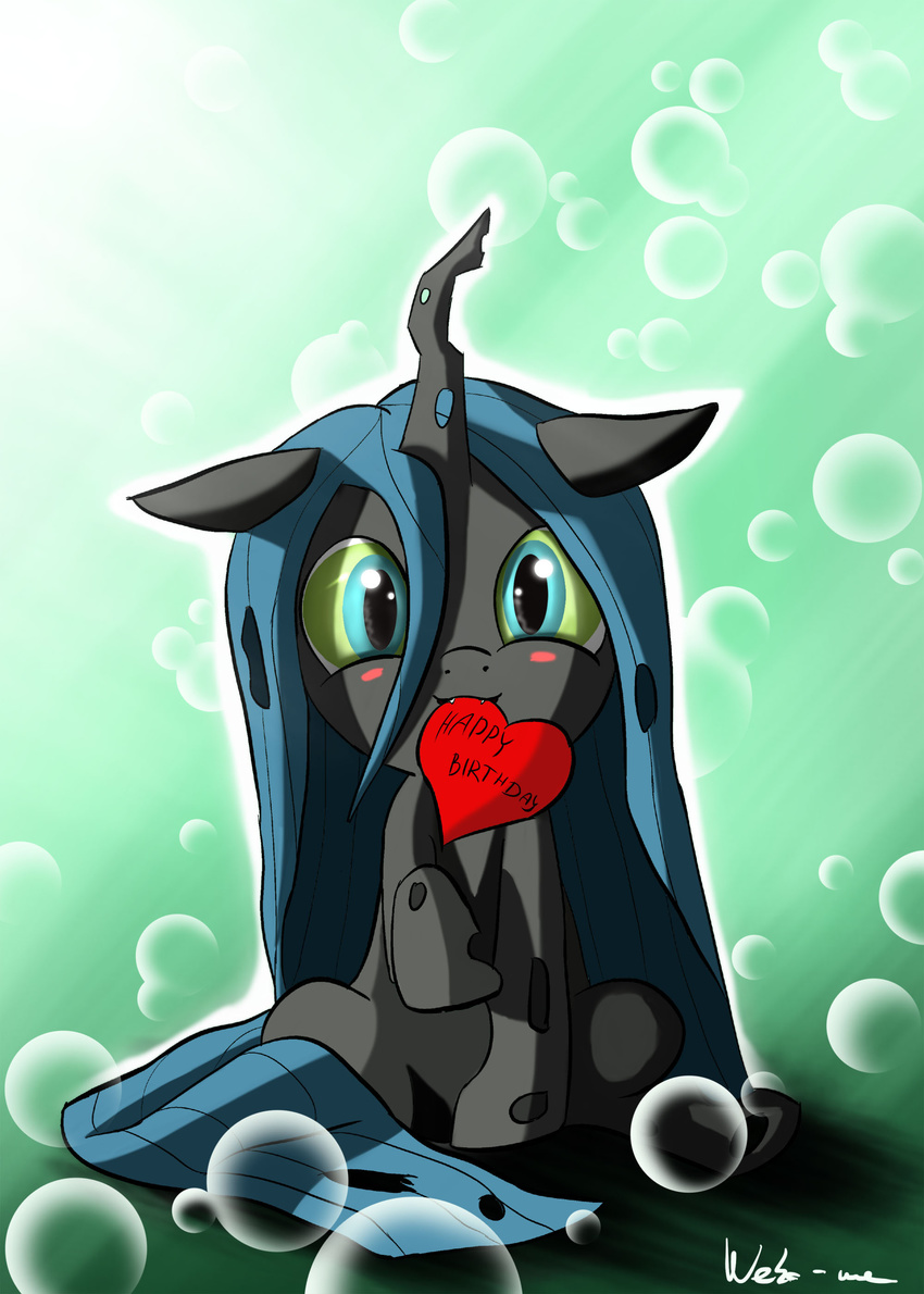 &lt;3 changeling female feral friendship_is_magic green_eyes green_hair hair horn mouth_hold my_little_pony navel neko-me nymph queen_chrysalis_(mlp) solo young