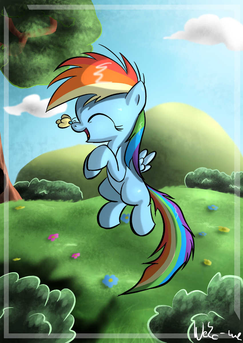 cloud clouds cub equine eyes_closed female feral flying friendship_is_magic grass hair happy horse mammal multi-colored_hair my_little_pony neko-me outside pegasus pony rainbow_dash_(mlp) rainbow_hair sky solo tree wings young