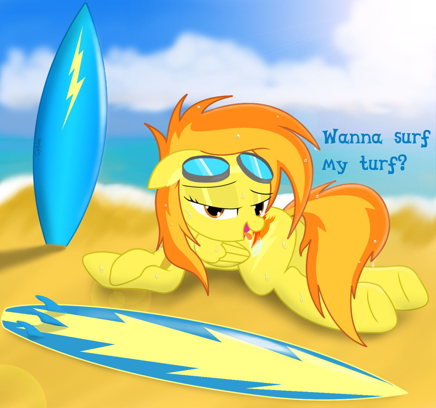bedroom_eyes butt cutie_mark english_text equine eyewear female feral flank friendship_is_magic goggles hair horse licking looking_at_viewer mammal multi-colored_hair my_little_pony pegasus pony presenting sea seaside solo spitfire_(mlp) spitshy suggestive surfboard text tongue water wings wonderbolts_(mlp)