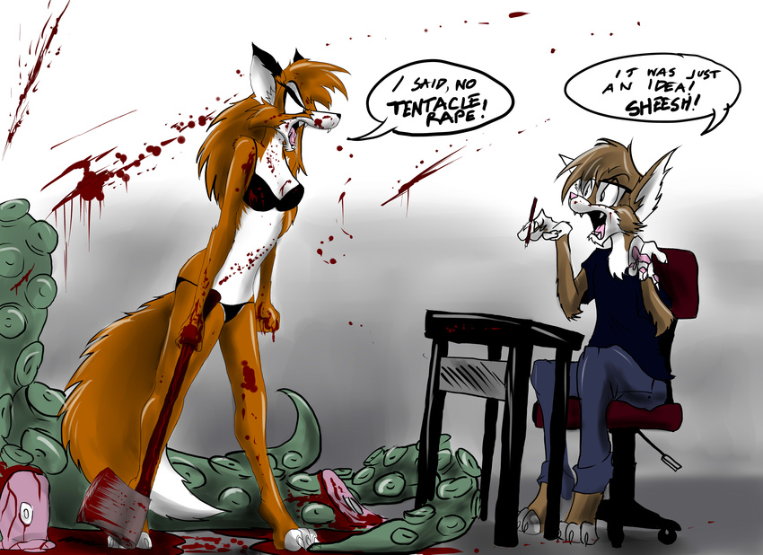 angry anthro axe bikini blood brown_hair canine chair clothed clothing death dialog english_text female forced fox hair hi_res male mammal pencil rape red_hair skimpy spaceweasel2306 swimsuit table tentacle_rape tentacles text tight_clothing weapon wolf