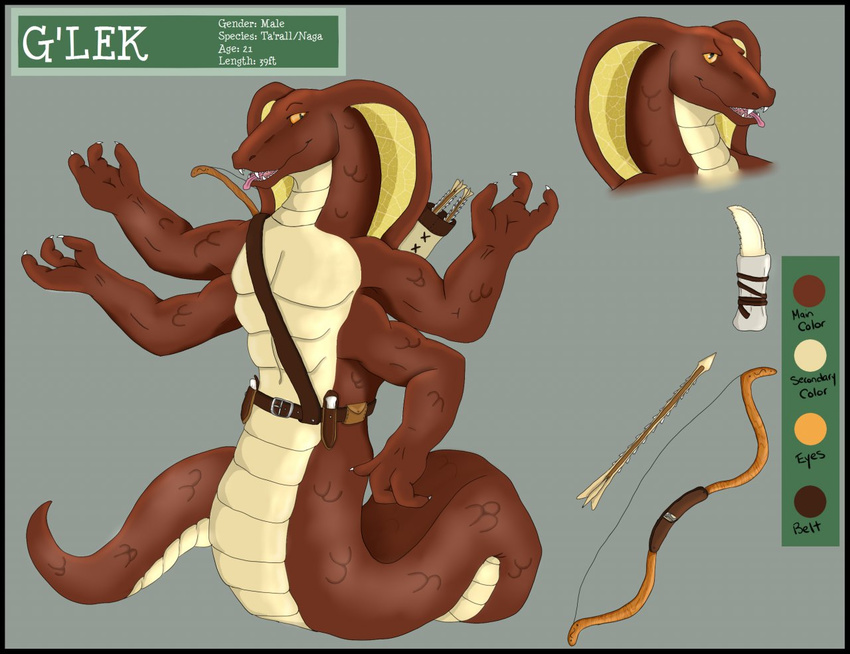 anthro arrow bow_(weapon) brown_body brown_scales brown_skin fangs four_arms g'lek g'lek jupiterfox knife male model_sheet multi_limb multiple_arms naga open_mouth plain_background ranged_weapon reptile scalie snake solo ta'rall ta'rall tan_scales tan_skin teeth tongue tongue_out weapon