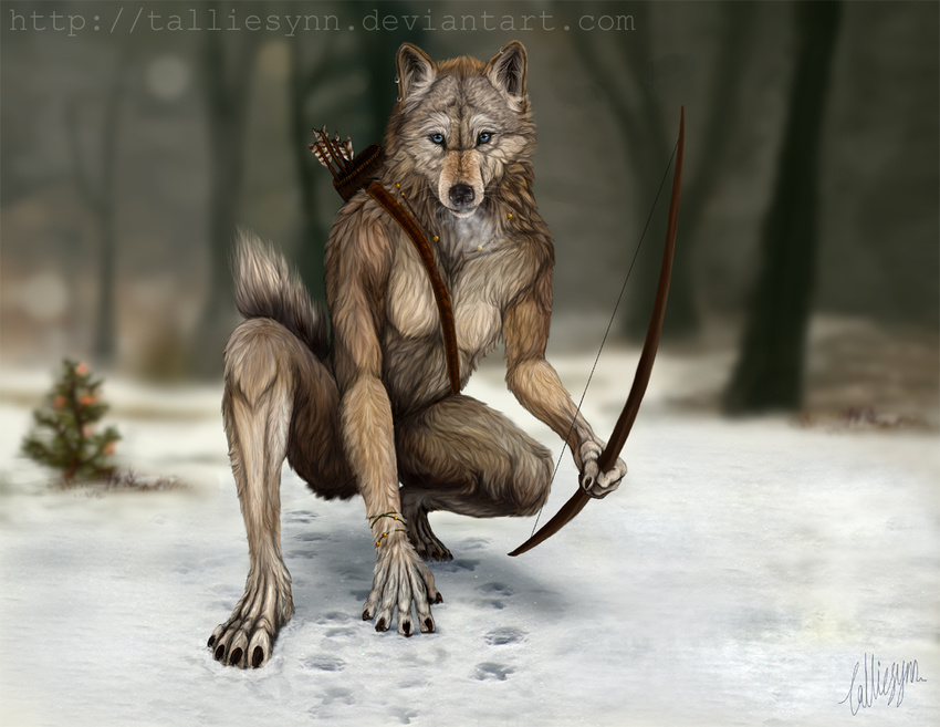 arrow blue_eyes bow_(weapon) bow_and_arrow canine caninearrow female footprints jewelry mammal nude ranged_weapon realistic scenery snow strap talliesynn tree weapon wolf wood