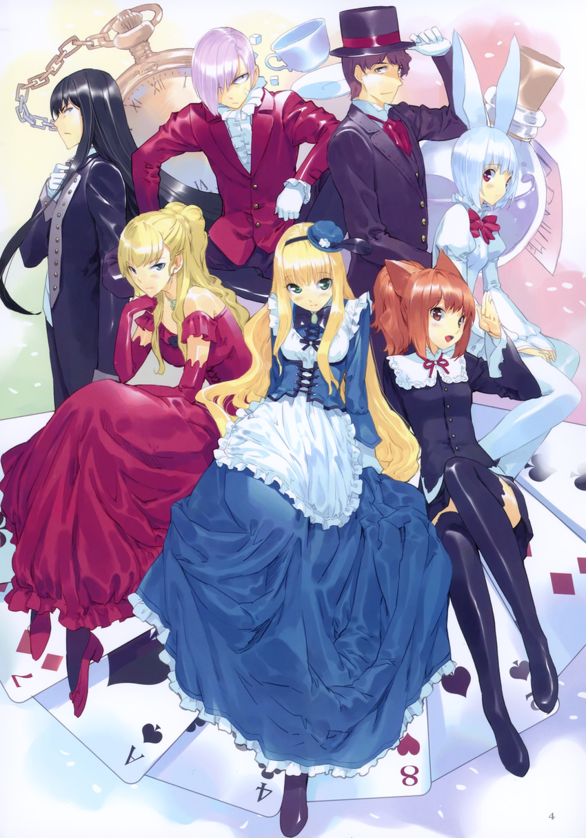 4girls absurdres ace_of_spades alice_(wonderland) alice_in_wonderland bottle card cheshire_cat cup highres humpty_dumpty lying_card mad_hatter march_hare multiple_boys multiple_girls queen_of_hearts ueda_ryou