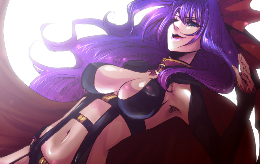 armpits bad_id bad_pixiv_id blue_eyes breasts cleavage dutch_angle large_breasts lens_flare lipstick long_hair macross macross_frontier makeup midriff navel neziiro purple_hair sheryl_nome solo