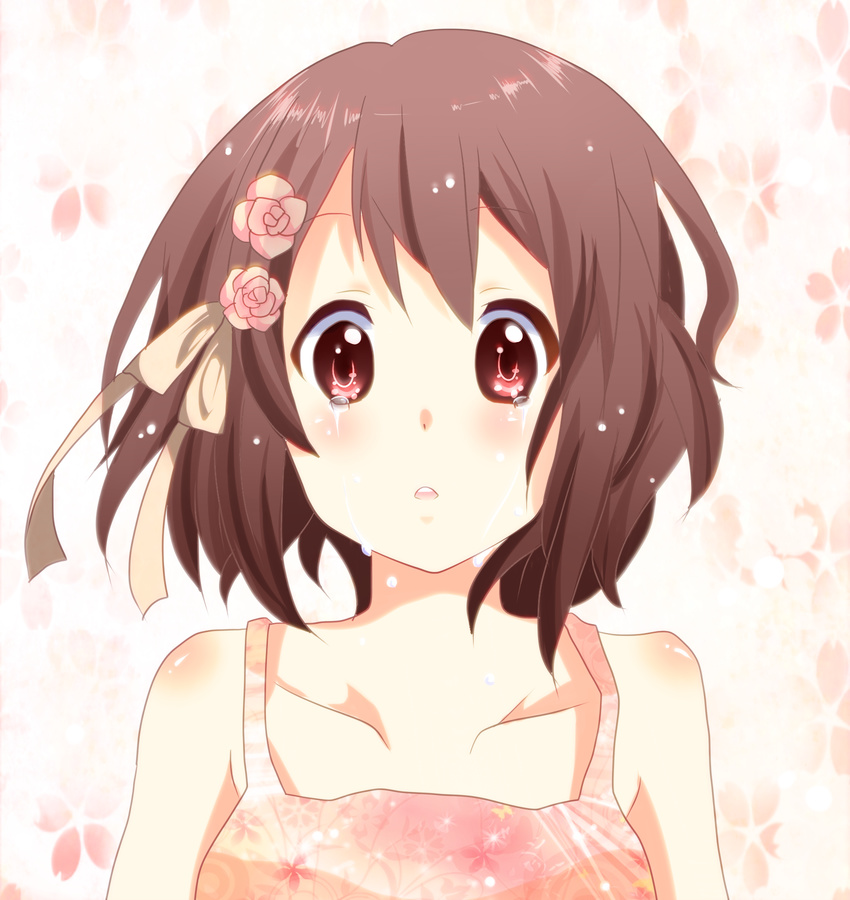 bad_id bad_pixiv_id brown_eyes brown_hair face flower hair_flower hair_ornament highres hirasawa_yui k-on! portrait short_hair solo takeno_koko tears