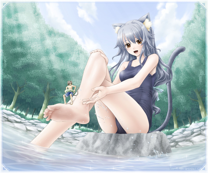 1girl animal_ears barefoot blue_hair cat_ears cat_tail eichikei_(hakuto) feet foreshortening giantess height_difference long_legs miniboy mouse_ears mouse_tail mouseboy one-piece_swimsuit original school_swimsuit sitting size_difference soaking_feet soles solo_focus swimsuit tail toes water