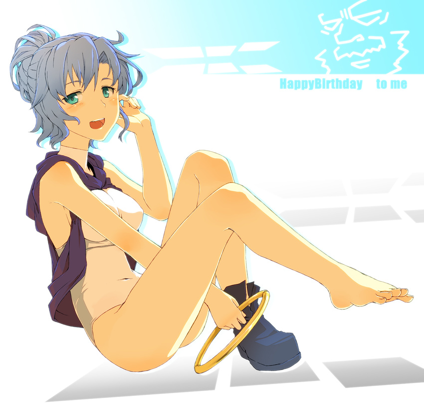 aqua_eyes barefoot blue_eyes blue_hair bracelet covered_navel feet happy_birthday highres hood hood_down jewelry kumoi_ichirin navel one-piece_swimsuit shoes short_hair single_shoe smile solo swimsuit toes touhou tsukinami_kousuke unzan