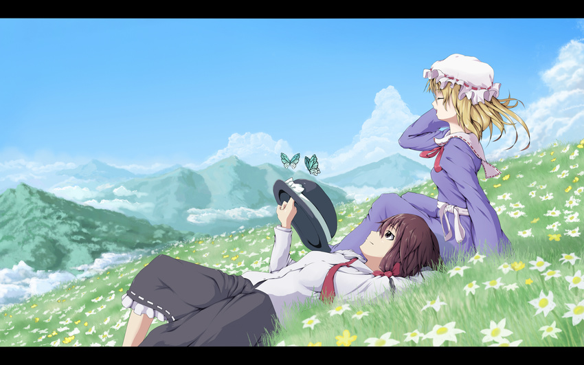 blonde_hair bow brown_eyes brown_hair bug butterfly closed_eyes cloud day flower hair_bow hat highres hill insect letterboxed lying maribel_hearn mountain multiple_girls music necktie rmajiro scenery short_hair singing sitting sky touhou usami_renko wallpaper