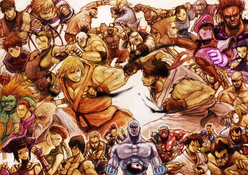 6+girls :d abel_(street_fighter) absurdres adon_(street_fighter) antenna_hair balrog black_hair blanka blonde_hair boxing_gloves braid brown_hair cammy_white chun-li claws cody_travers crimson_viper cuffs dee_jay dhalsim dougi drill_hair dudley edmond_honda el_fuerte everyone eyepatch fei_long final_fight gai_(final_fight) gen_(street_fighter) gloves glowing glowing_eye gouken gouki grin guile hakan halter_top halterneck han_juri handcuffs hat headband hibiki_dan highres hip_vent ibuki_(street_fighter) kasugano_sakura ken_masters long_hair m_bison mask multiple_boys multiple_girls muscle native_american nd ninja nunchaku open_mouth orange_hair pantyhose pelvic_curtain punching purple_hair rose_(street_fighter) rufus_(street_fighter) ryuu_(street_fighter) sagat scar seth_(street_fighter) short_hair smile street_fighter street_fighter_iv_(series) thunder_hawk twin_drills vega weapon white_hair zangief