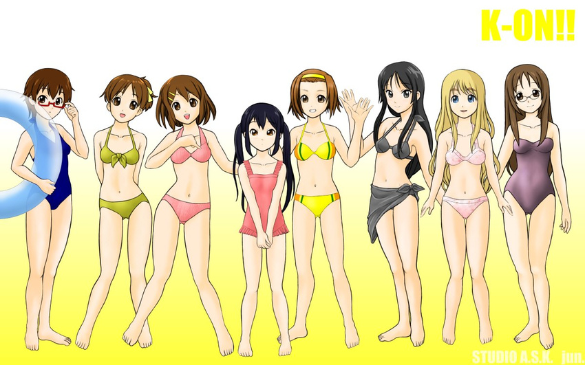 akiyama_mio barefoot bikini black_hair blonde_hair brown_hair front-tie_top glasses hirasawa_ui hirasawa_yui innertube jun_(studioask) k-on! kotobuki_tsumugi lineup long_hair manabe_nodoka multiple_girls nakano_azusa navel one-piece_swimsuit sarong short_hair swimsuit tainaka_ritsu yamanaka_sawako