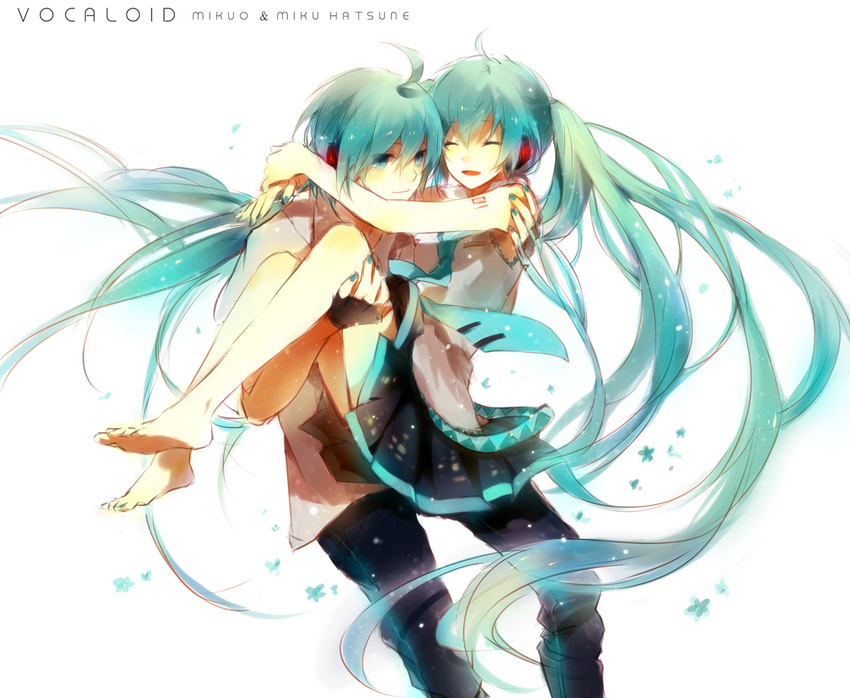 1girl ahoge aqua_eyes aqua_hair bad_id bad_pixiv_id barefoot carrying closed_eyes dual_persona feet genderswap genderswap_(ftm) hatsune_miku hatsune_mikuo i-riya long_hair necktie no_legwear princess_carry simple_background skirt smile twintails very_long_hair vocaloid