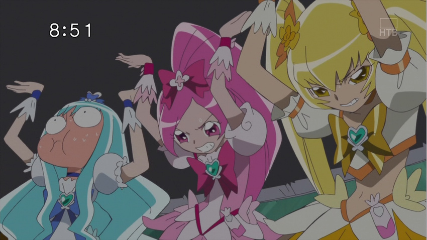 aqua_hair blonde_hair bow cure_blossom cure_marine cure_sunshine hair_bow hair_ornament hanasaki_tsubomi heart heartcatch_precure! kurumi_erika long_hair magical_girl multiple_girls myoudouin_itsuki precure screencap twintails