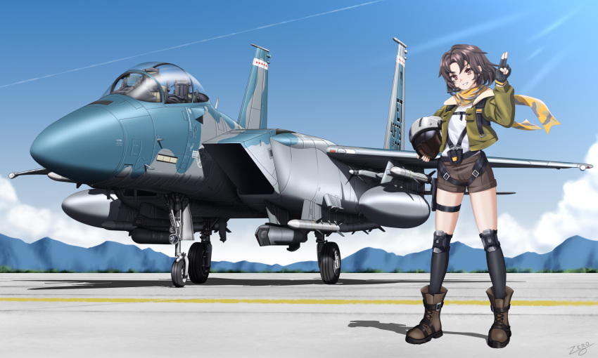 aircraft airplane brown_hair brown_shorts commission day earhart_(neural_cloud) english_commentary f-15_eagle fighter_jet full_body girls'_frontline girls'_frontline_neural_cloud green_jacket helmet highres holding holding_helmet jacket jet knee_pads looking_at_viewer military_vehicle open_clothes open_mouth outdoors pilot_helmet pixiv_commission red_eyes scarf short_hair shorts standing teeth zero_(73ro)