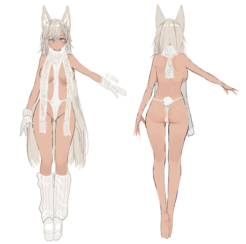 1girl animal_ears ass back bare_shoulders breasts dishwasher1910 fox_ears full_body gloves grey_eyes grey_hair highres kneehighs large_breasts long_hair looking_at_viewer multiple_views original reference_sheet revealing_clothes scarf socks