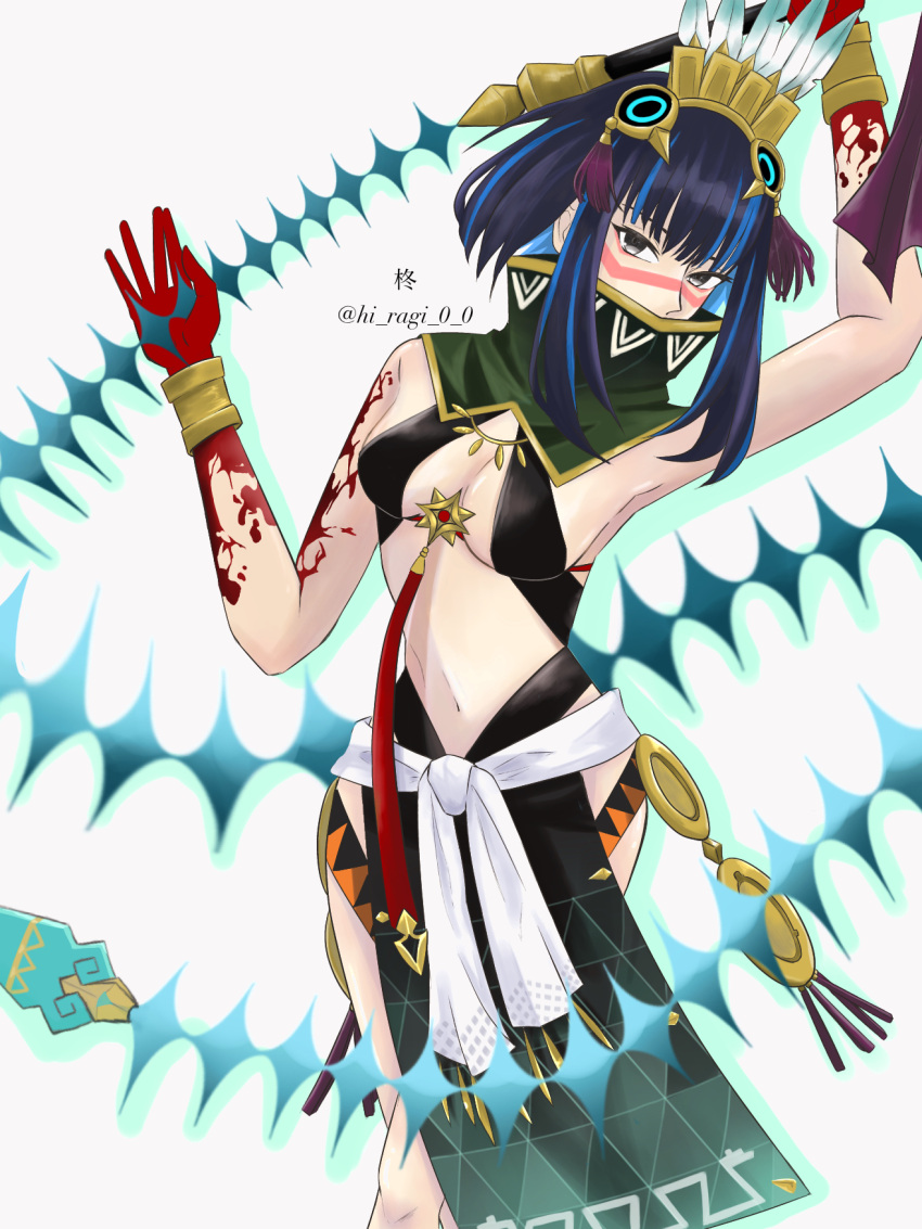 1girl bare_shoulders black_hair blood blood_on_hands blue_hair bracer breasts colored_inner_hair facepaint fate/grand_order fate_(series) feathers grey_eyes halterneck headdress high_collar highres holding holding_weapon jewelry looking_at_viewer multicolored_hair navel short_hair sidelocks solo tassel tenochtitlan_(fate) tenochtitlan_(first_ascension)_(fate) twitter_username weapon whip white_background