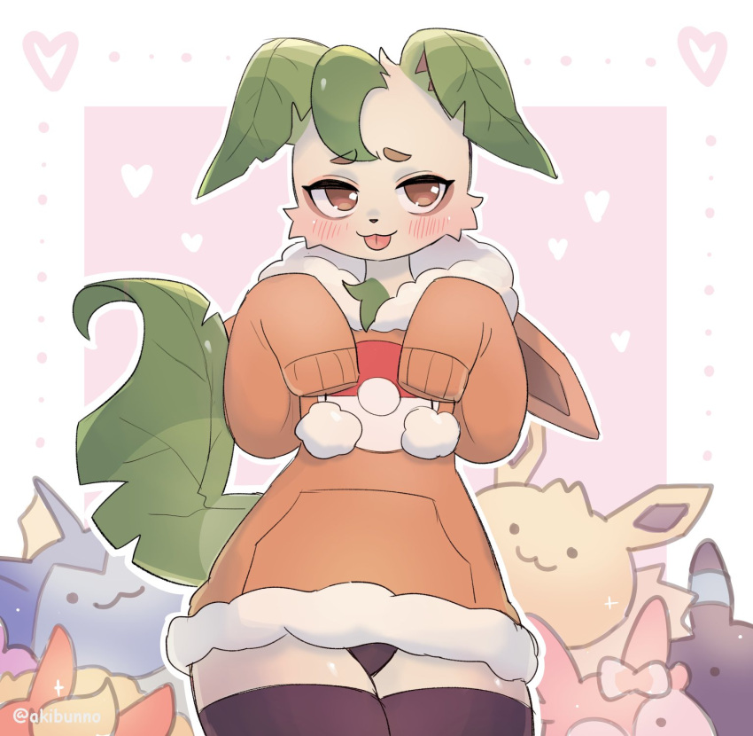 akibun anthro black_clothing black_legwear black_panties black_thigh_highs black_underwear blep blush blush_lines border brown_clothing brown_eyes clothing detailed_background dot_eyes eeveelution flareon fur generation_1_pokemon generation_2_pokemon generation_4_pokemon generation_6_pokemon girly green_body green_ears green_fur green_tail heart_symbol hi_res hoodie jolteon leafeon legwear male nintendo oversized_clothing oversized_hoodie oversized_topwear panties pink_background plushie pokeball_symbol pokemon pokemon_(species) pokemon_plushie simple_background solo sylveon tail tan_body thigh_highs tongue tongue_out topwear tuft umbreon underwear vaporeon white_border