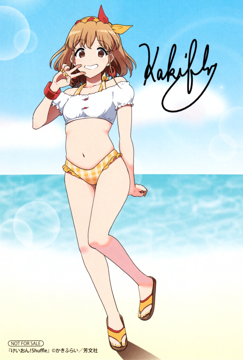 1girl absurdres artist_name bare_shoulders beach bikini bikini_under_clothes blonde_hair blue_sky bracelet breasts brown_eyes checkered_bikini checkered_clothes cloud crop_top day earrings hair_ornament highres jewelry k-on! k-on!_shuffle kakifly leg_up lens_flare looking_at_viewer medium_breasts medium_hair muffin_top nail_polish navel ocean off-shoulder_shirt off_shoulder official_art outdoors sakuma_yukari sand sandals scan shirt signature sky smile solo stomach sunlight swimsuit teeth v water