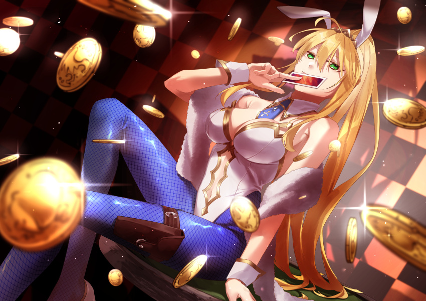 1girl absurdres animal_ears artoria_pendragon_(fate) artoria_pendragon_(swimsuit_ruler)_(fate) bare_shoulders blonde_hair blue_necktie blue_pantyhose braid breasts card casino_card_table cleavage clothing_cutout detached_collar fate/grand_order fate_(series) fishnet_pantyhose fishnets green_eyes hair_between_eyes highleg highleg_leotard highres large_breasts leotard long_hair looking_at_viewer navel_cutout necktie omame_korokor pantyhose playboy_bunny playing_card poker_chip ponytail rabbit_ears sidelocks solo table tiara white_leotard wrist_cuffs
