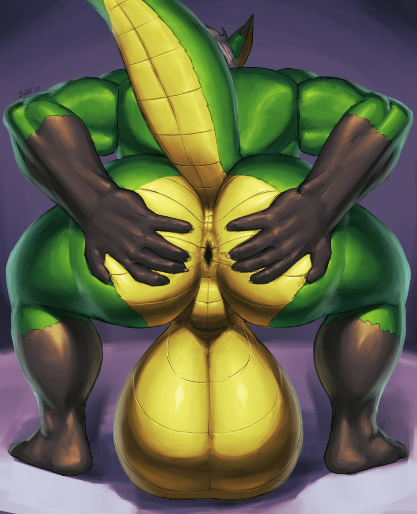 5_fingers anthro backsack balls big_balls biped butt canid canine claws dragon european_mythology feet finger_claws fingers fox fur genitals gloves_(marking) green_body green_fur hair hand_on_butt hi_res huge_balls humanoid_feet humanoid_hands hybrid hyper hyper_balls hyper_genitalia jin_(jindragowolf) jindragowolf leg_markings male mammal markings muscular muscular_anthro muscular_male mythological_creature mythological_scalie mythology paws plantigrade scales scalie socks_(marking) solo spread_butt spreading tail toes western_dragon white_hair yellow_body yellow_scales