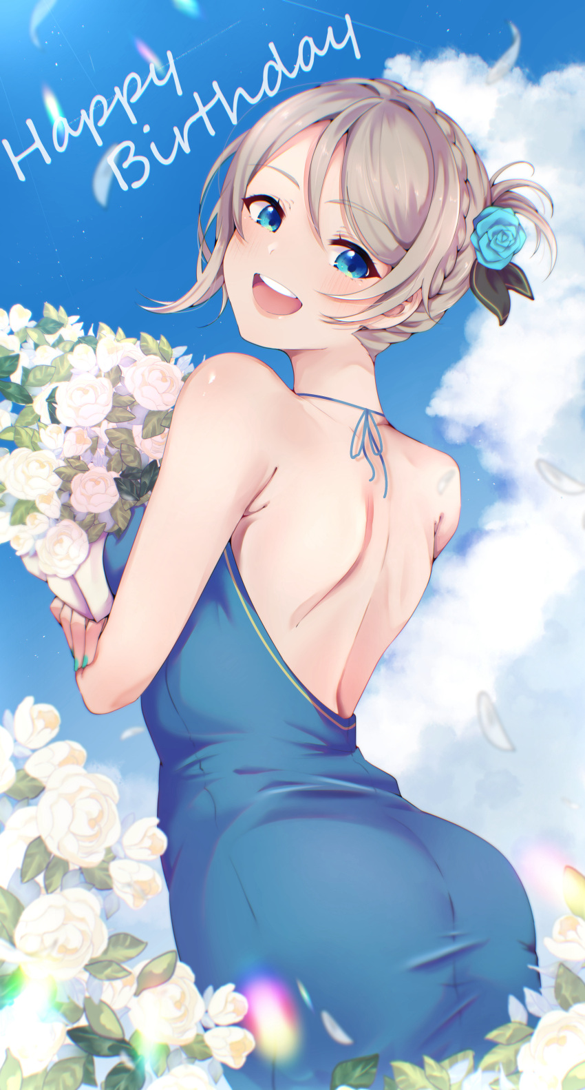 1girl absurdres ass back backless_dress backless_outfit bare_shoulders blue_eyes blue_sky blush braid brown_hair cloud commentary_request cowboy_shot dress flower green_nails hair_between_eyes hair_flower hair_ornament happy_birthday highres holding holding_flower looking_at_viewer love_live! love_live!_sunshine!! nigauri open_mouth short_hair sky smile solo teeth upper_teeth_only watanabe_you wavy_hair