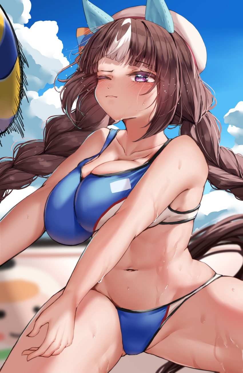 1girl absurdres beach beach_volleyball beret bikini black_hair blunt_bangs blurry blurry_background braid breast_press breasts cleavage closed_mouth collarbone commentary_request hat highres hokko_tarumae_(umamusume) horse_girl large_breasts long_braid looking_at_viewer navel purple_eyes sky solo sweat swimsuit tabunshake tomachop twin_braids umamusume