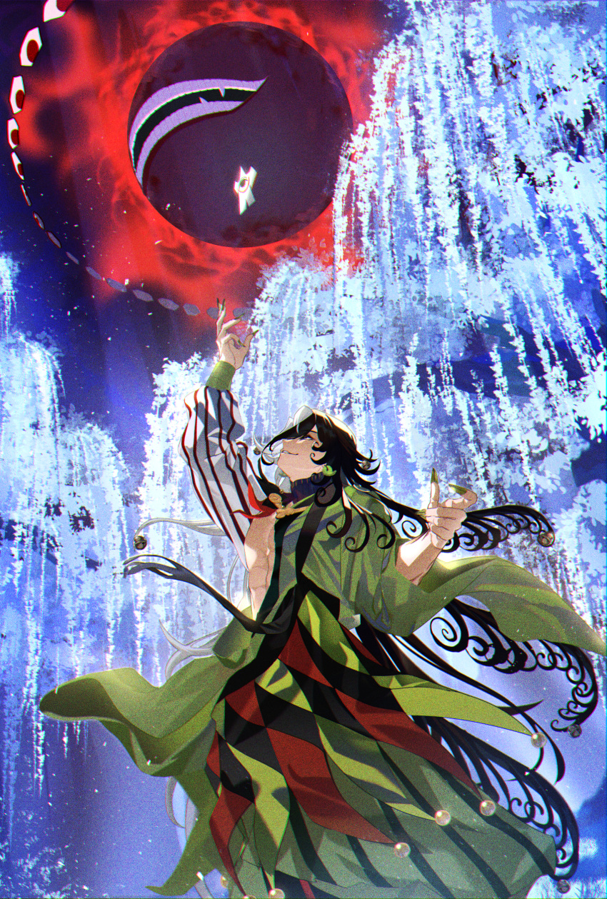 1boy absurdres ashiya_douman_(fate) asymmetrical_clothes asymmetrical_hair bell black_hair curly_hair earrings fate/grand_order fate_(series) fingernails green_kimono hair_bell hair_ornament heian highres japanese_clothes jewelry kimono long_hair magatama magatama_earrings male_focus multicolored_hair onmyouji open_clothes open_kimono ribbed_sleeves sharp_fingernails shikigami split-color_hair two-tone_hair very_long_fingernails very_long_hair white_hair yat573