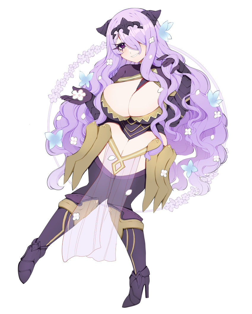 1girl absurdres armor black_armor breasts camilla_(fire_emblem) cleavage commission fire_emblem fire_emblem_fates hair_over_one_eye high_heels highres large_breasts plushcharm purple_eyes purple_hair tiara wavy_hair